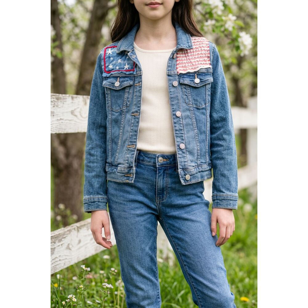Youth patriotic, upcylced & handstitched jean jacket size 10/12